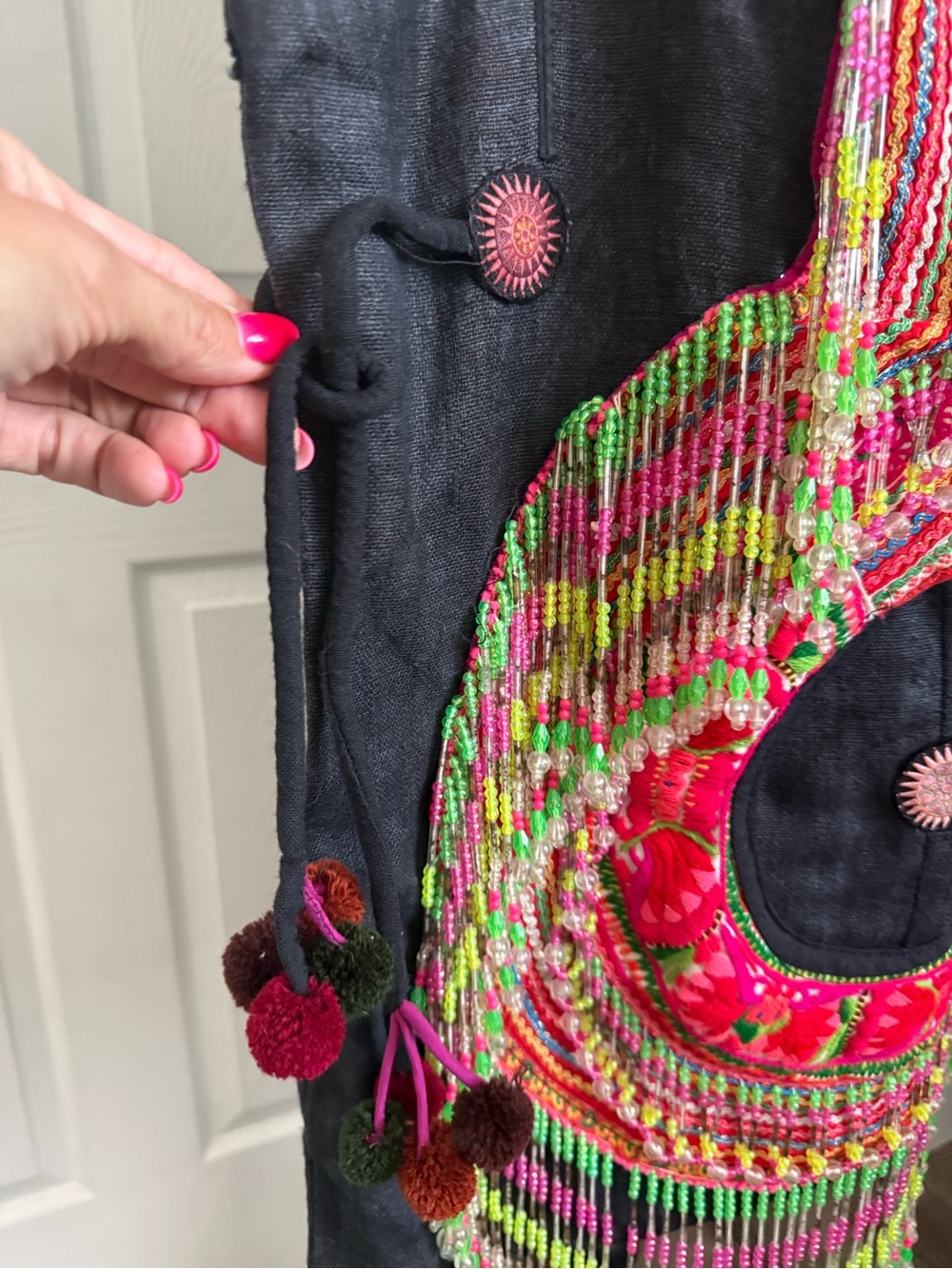 Vintage Handmade Hmong Beaded Fringe Tote Bag Embroidered Boho Ethnic Large - Picture 7 of 8